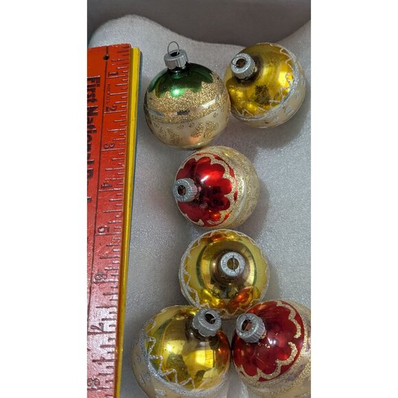 Vintage Shiny Brite Hand-Decorated Christmas Ornaments Set Of 6 Gold & Red Balls - Picture 4 of 5